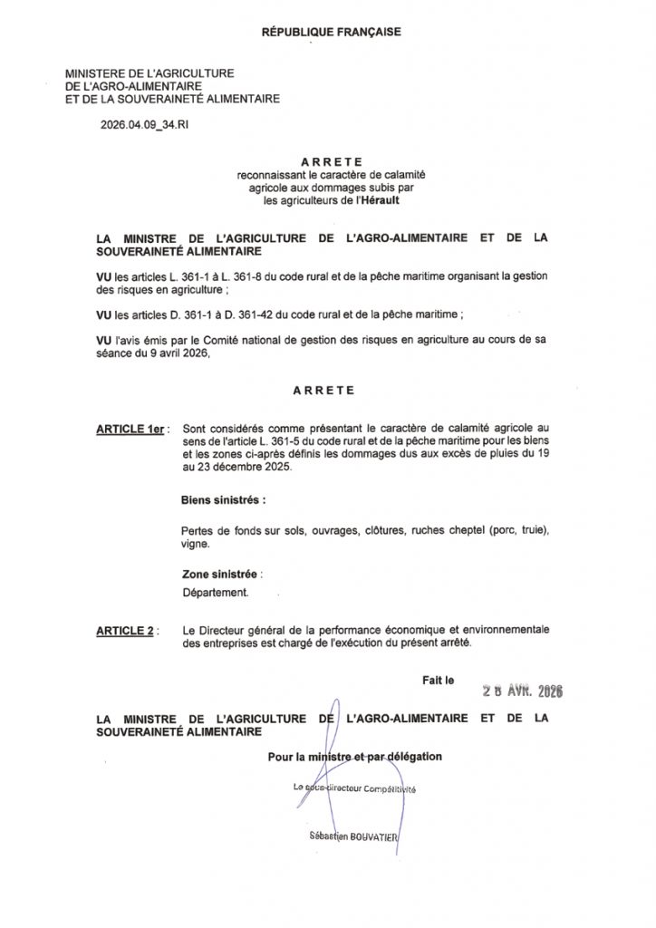 Arrêté préfectoral du 28 avril 2026 portant reconnaissance de calamité agricole pour les dommages liés à l'excès de pluies du 19 au 23 décembre 2025