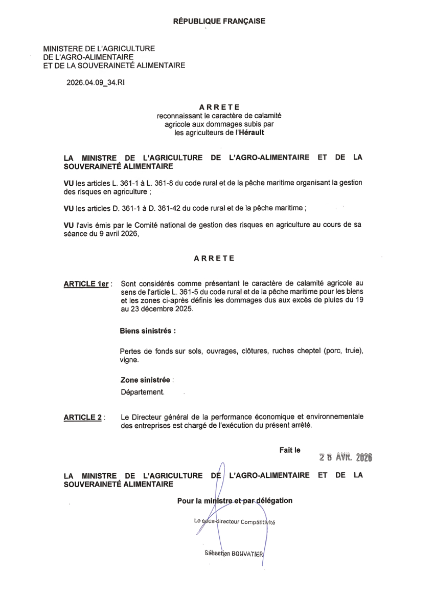 Arrêté préfectoral du 28 avril 2026 portant reconnaissance de calamité agricole pour les dommages liés à l'excès de pluies du 19 au 23 décembre 2025