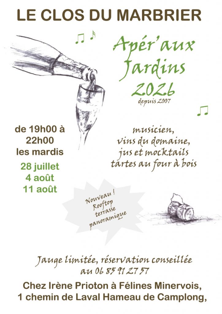 Clos du Marbrier : 'Apér'aux Jardins' chez Irène 3 mardis d'été en soirée à Camplong