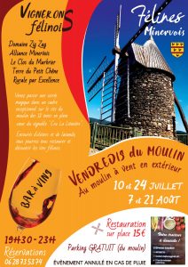 Vendredis du Moulin : bar à vins et restauration, au moulin à vent en extérieur durant 5 soirées d'été