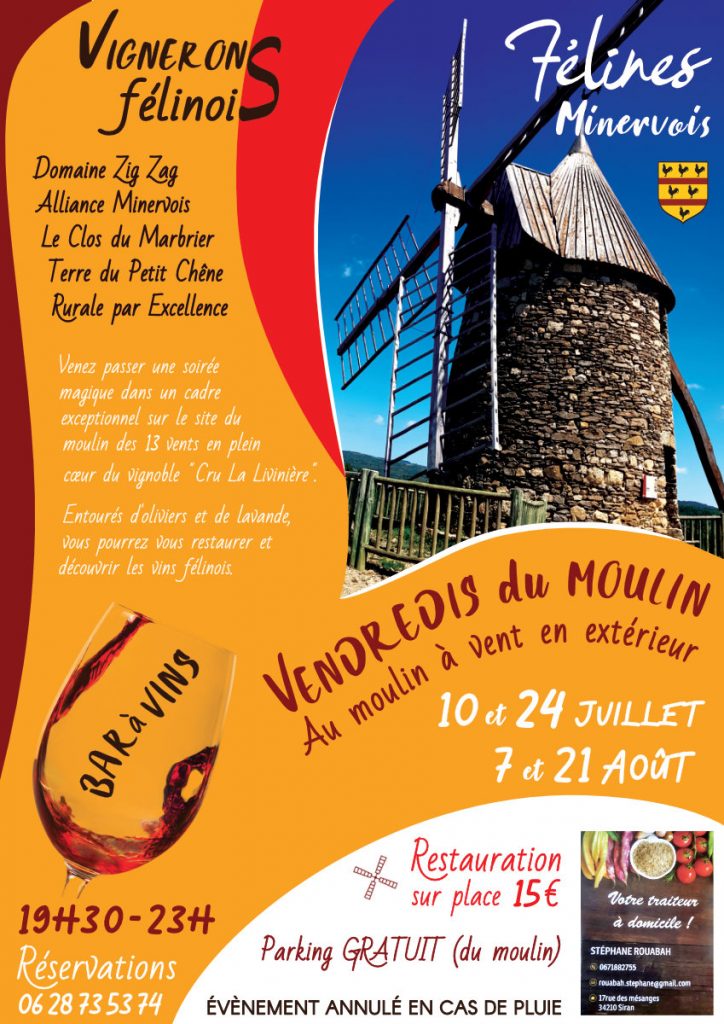 Vendredis du Moulin : bar à vins et restauration, au moulin à vent en extérieur durant 5 soirées d'été
