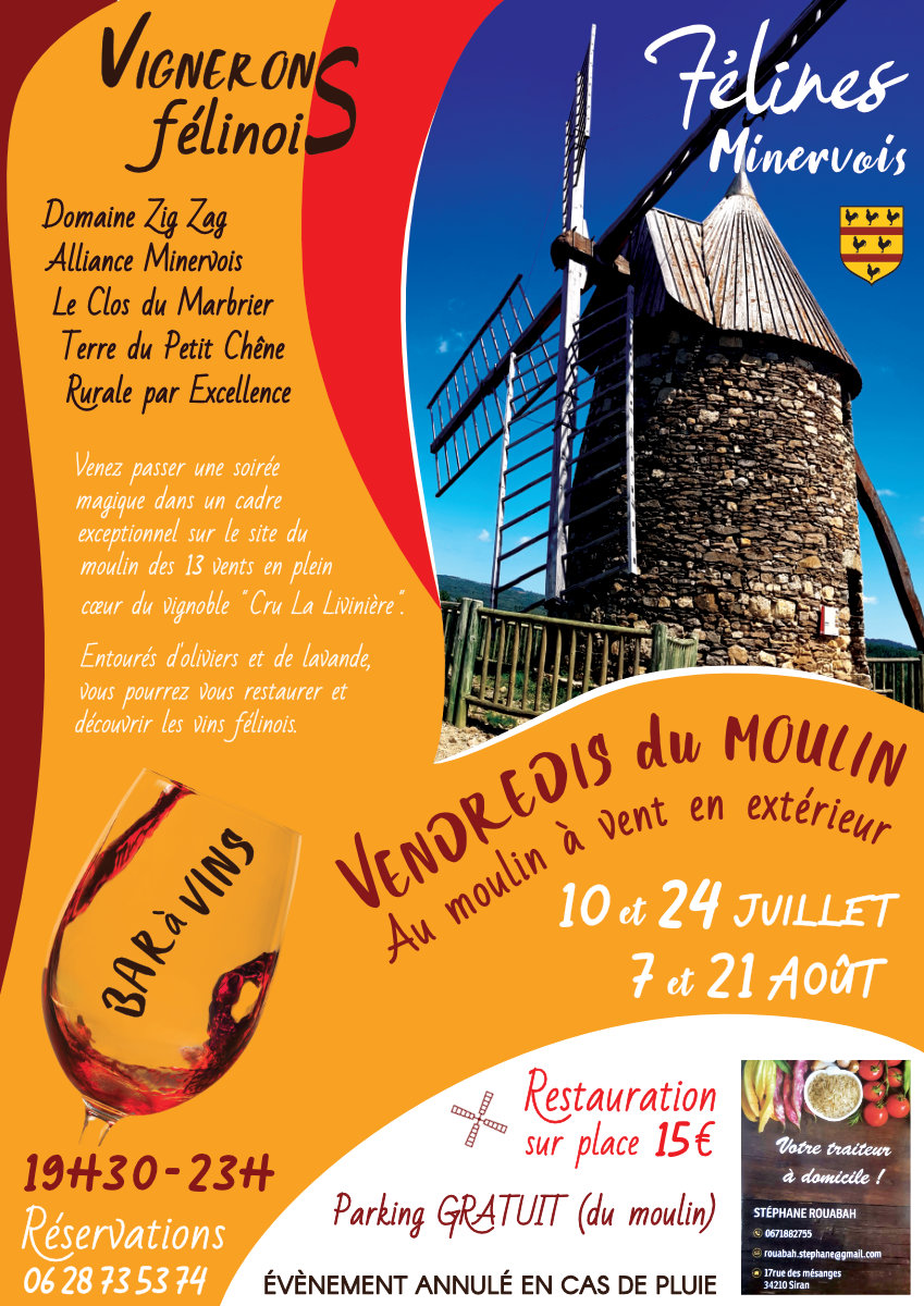 Vendredis du Moulin : bar à vins et restauration, au moulin à vent en extérieur durant 5 soirées d'été