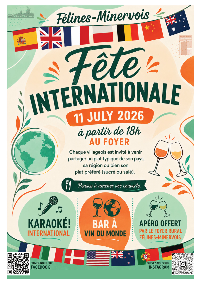 Fête internationale orchestrée par le Foyer Rural SAMEDI 11 JUILLET 2026 au foyer à partir de 18h