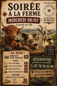 'Soirée à la ferme' organisée par la chèvrerie de la Broutade en partenarait avec la Romandine MERCREDI 8 JUILLET 2026