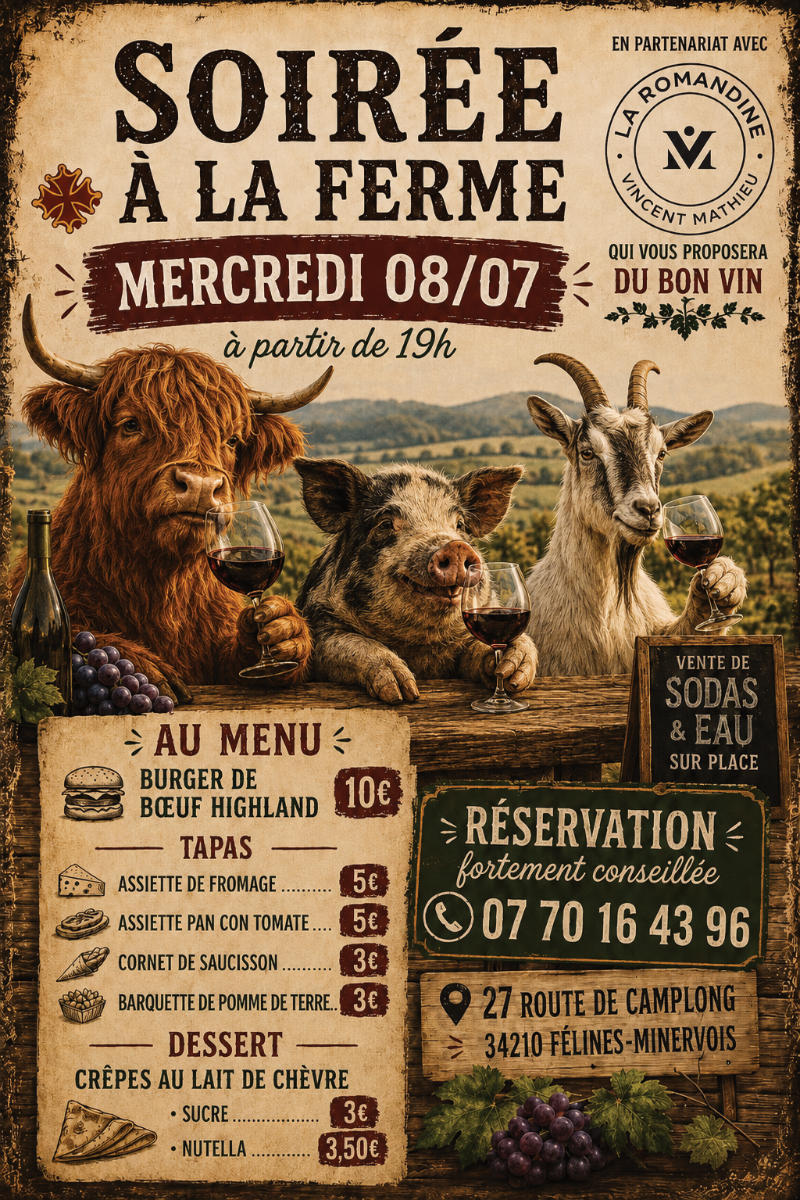 'Soirée à la ferme' organisée par la chèvrerie de la Broutade en partenarait avec la Romandine MERCREDI 8 JUILLET 2026