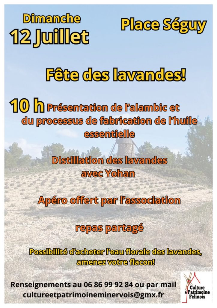 Fête des lavandes DIMANCHE 12 JUILLET 2026, organisée par l'association Culture et Patrimoine Félinois