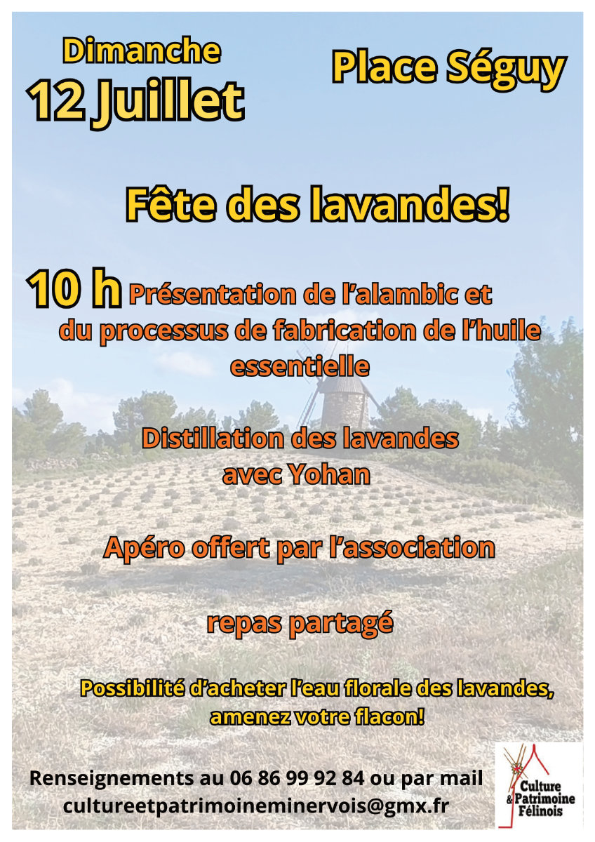 Fête des lavandes DIMANCHE 12 JUILLET 2026, organisée par l'association Culture et Patrimoine Félinois