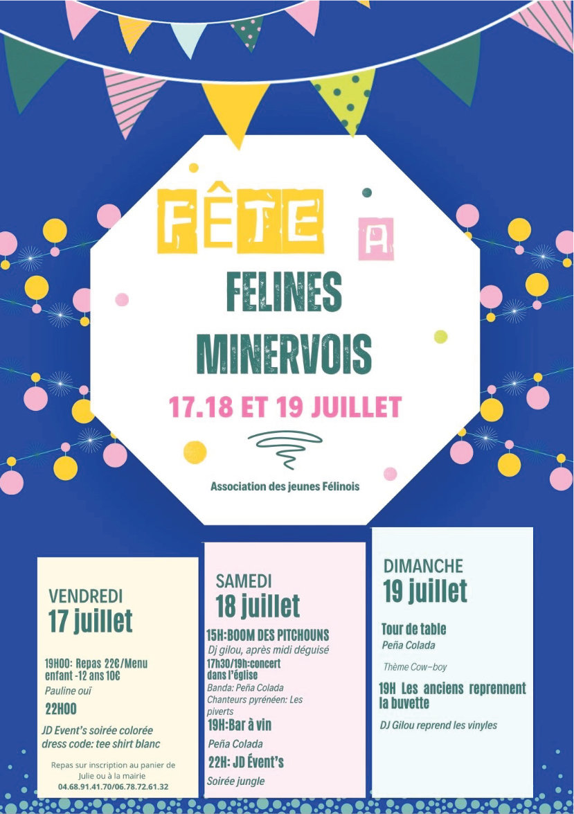Fête locale du 17 au 19 juillet 2026 orchestrée par l'association des Jeunes Félinois