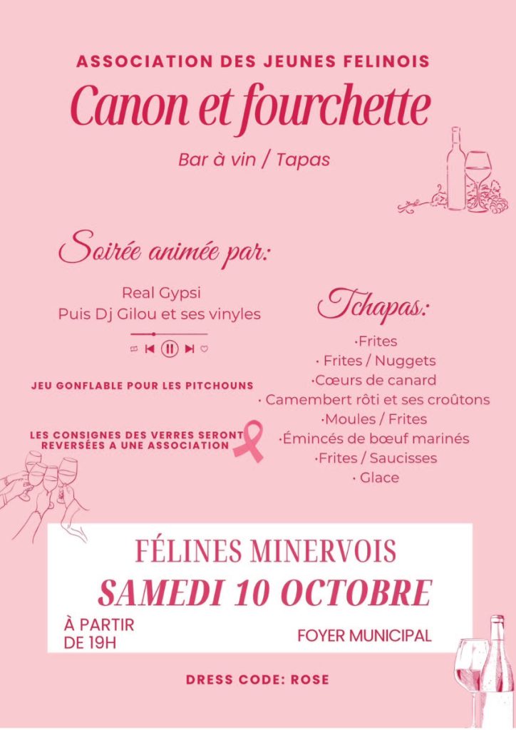 'Canon & Fourchette' : soirée bar à vins/tapas organisée par l'asso des Jeunes Félinois SAMEDI 10 OCTOBRE 2026 au foyer à partir de 19h