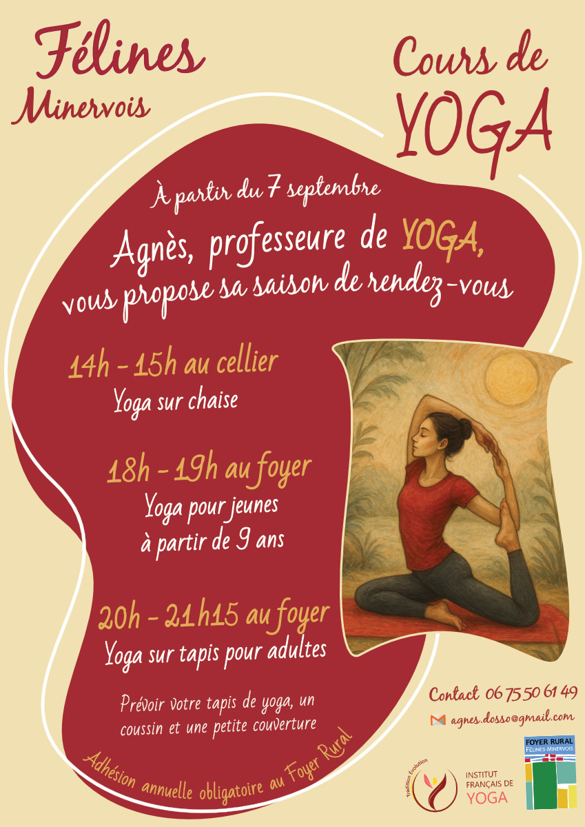Reprise des cours de yoga enfants/adultes/aînés à partir du 7 SEPTEMBRE 2026 avec Agnès