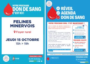 Collecte de sang JEUDI 15 octobre 2026 de 15h à 19h au foyer de Félines-Minervois