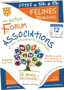 Première édition du Forum des associations de Félines-Minervois SAMEDI 12 SEPTEMBRE 2026 de 10h à 17h au foyer