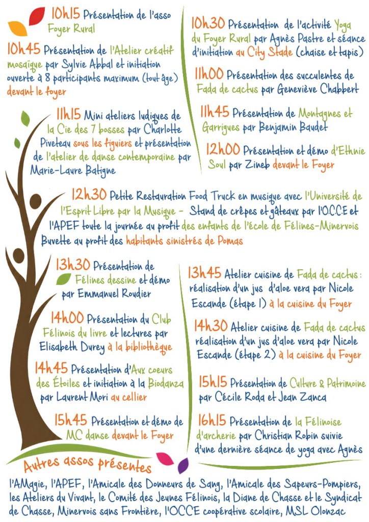 Programme de la première édition du Forum des associations de Félines-Minervois SAMEDI 12 SEPTEMBRE 2026 de 10h à 17h au foyer