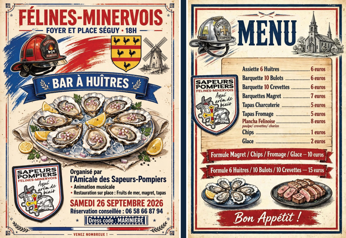Bar à huîtres de l'Amicale des Sapeurs-Pompiers SAMEDI 26 SEPTEMBRE 2026 à partir de 18h Place Séguy et au foyer