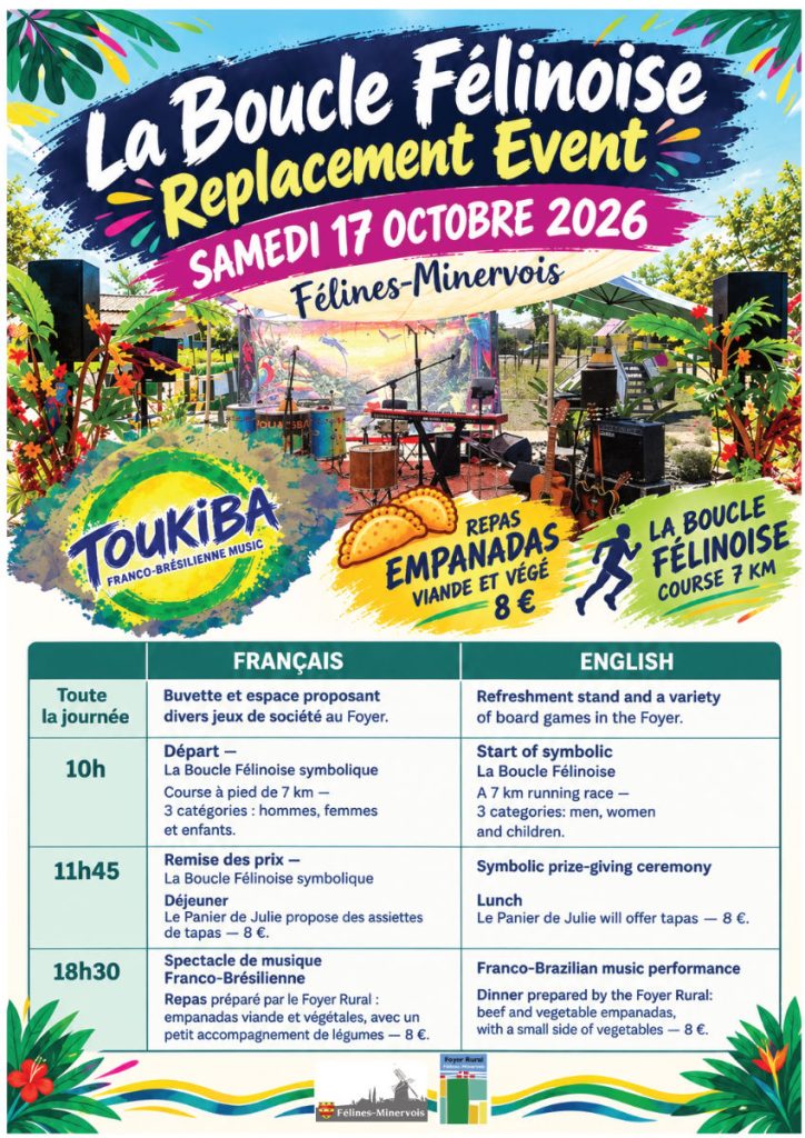 L'asso du Foyer Rural vous invite à son évènement 'Boucle Félinoise symbolique' SAMEDI 17 OCTOBRE 2026 toute la journée aux abords du foyer