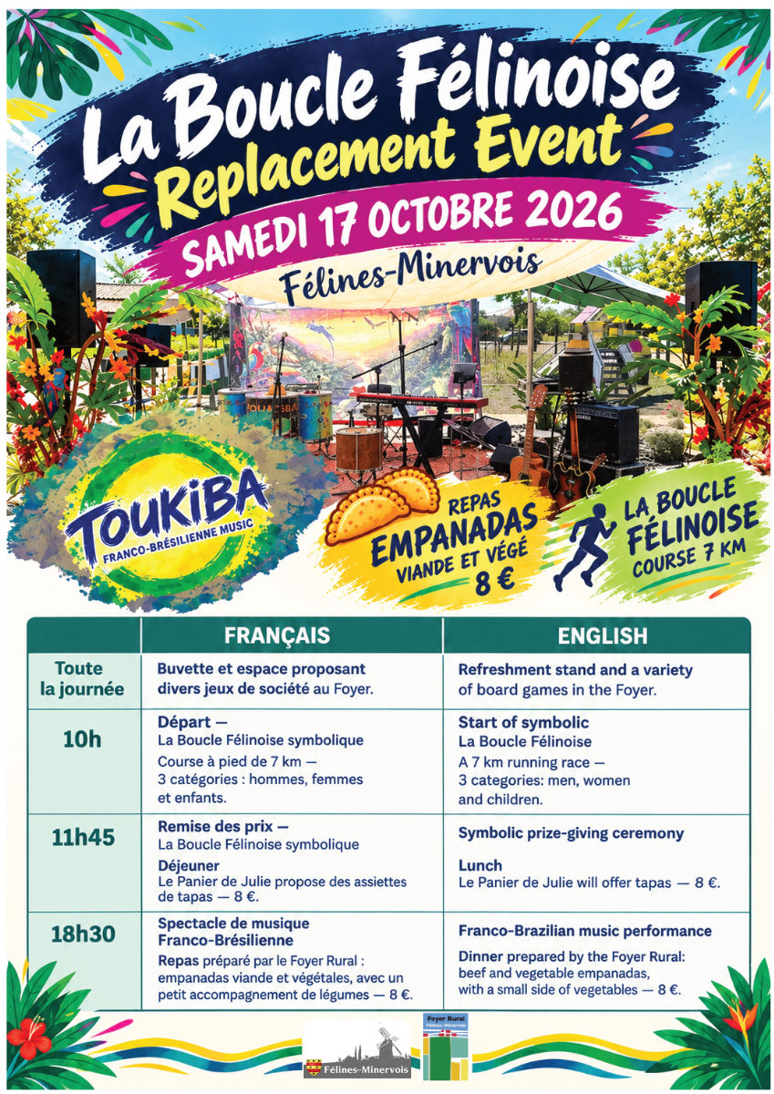 L'asso du Foyer Rural vous invite à son évènement 'Boucle Félinoise symbolique' SAMEDI 17 OCTOBRE 2026 toute la journée aux abords du foyer